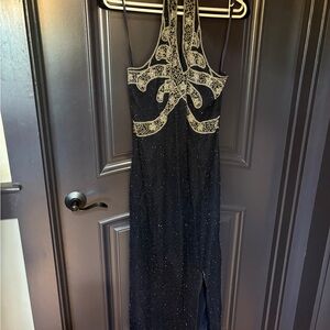 Elegant Navy and Gold Backless Evening Dress